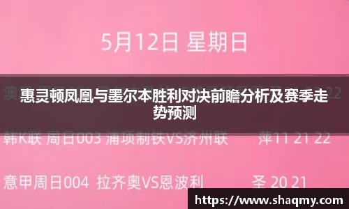惠灵顿凤凰与墨尔本胜利对决前瞻分析及赛季走势预测